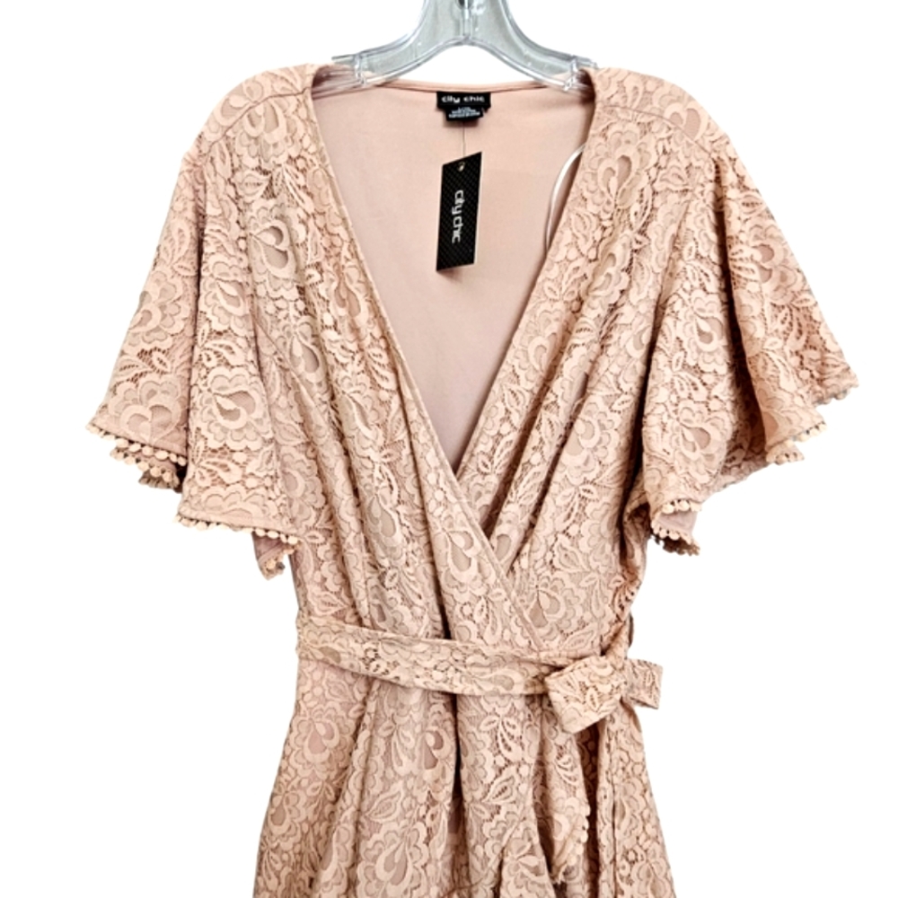 Nwt City Chic Sweet Luv Rose Quartz Lace Flutter Sleeve Vneck Knit Ruffle Dress - Picture 7 of 17